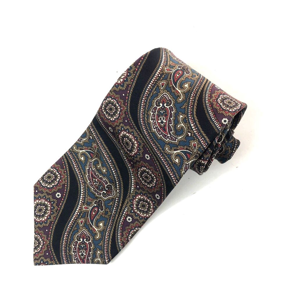 Vintage CHRISTIAN PELINI Silk Tie Paisley Black Blue Maroon MADE IN U.S.A. Long